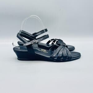 SAS Sandals Womens 9 Black Leather Tripad Comfort Strappy Slingback Wedge Shoes